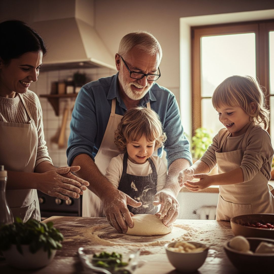 A family with grandparents and a child laughs together while making pizza.