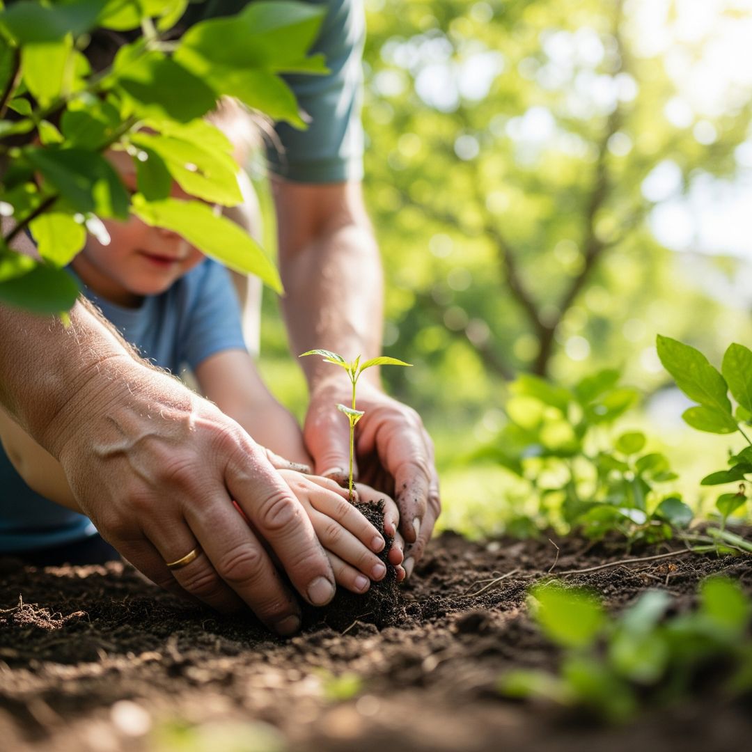 A grandfather's hands guide his grandchild's hands as they plant a small tree.