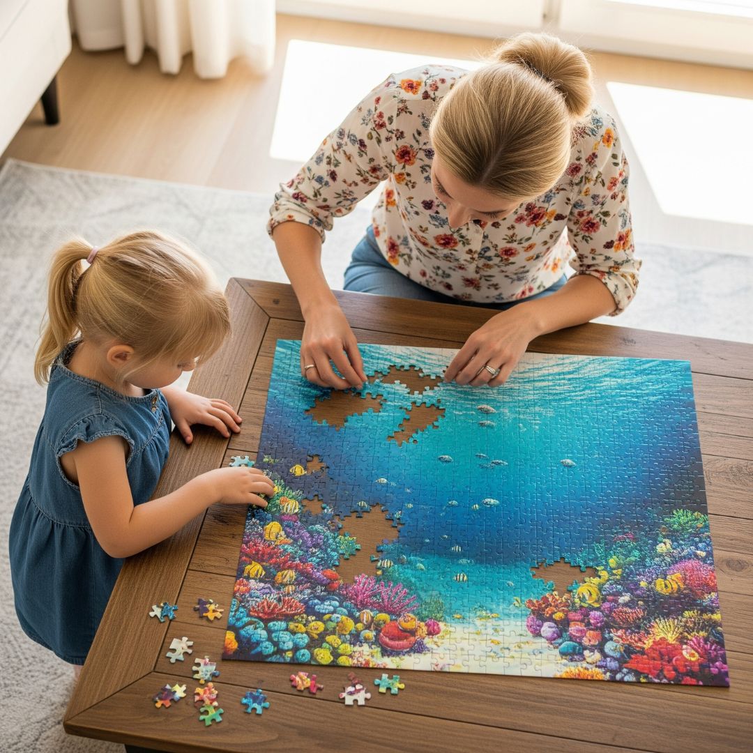 A parent and child work together to complete a jigsaw puzzle on a table.