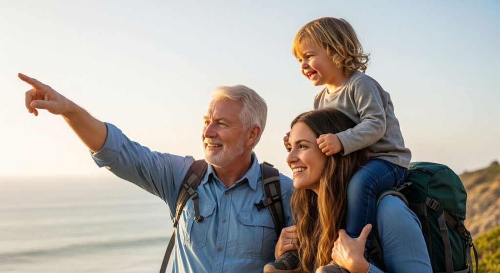A happy multi-generational family on a coastal hike, with the grandfather pointing toward the horizon.