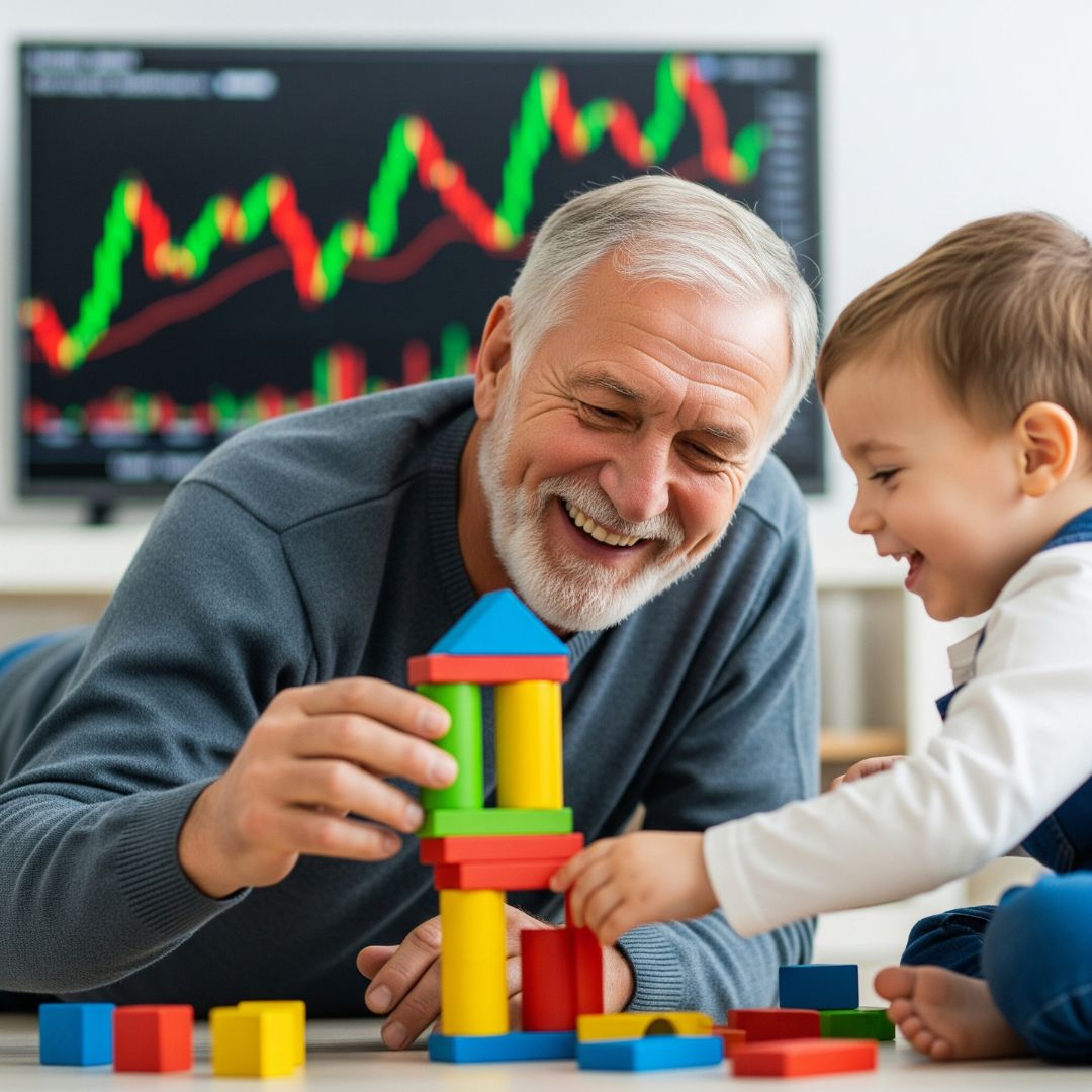 A grandfather helps his young grandchild build a colorful tower with wooden blocks
