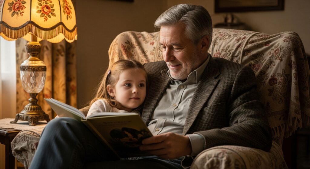 a grandfather sitting in a comfortable armchair, reading a storybook to his captivated young grandchild who is nestled beside him.