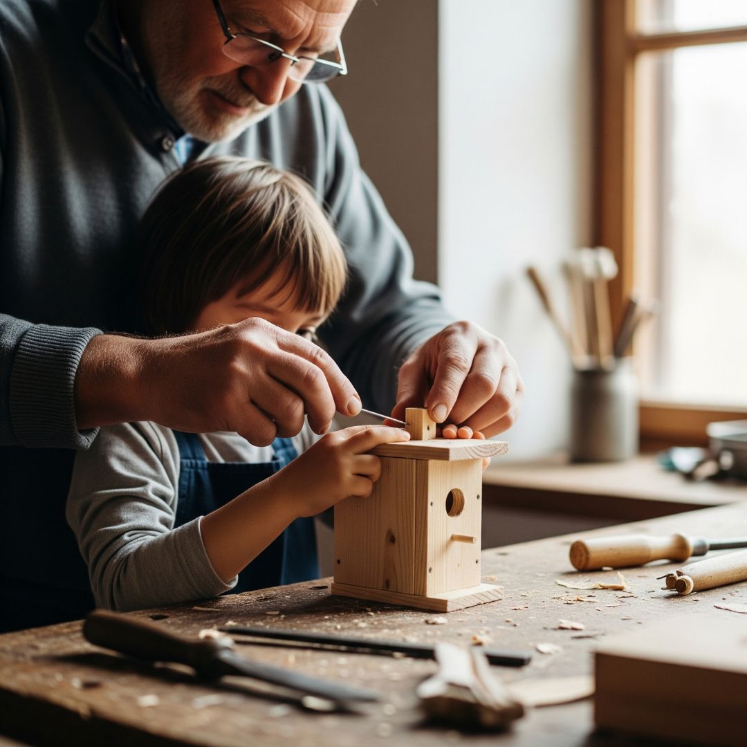 grandfather's hands guiding his grandchild's as they work together on a simple wooden birdhouse at a workbench