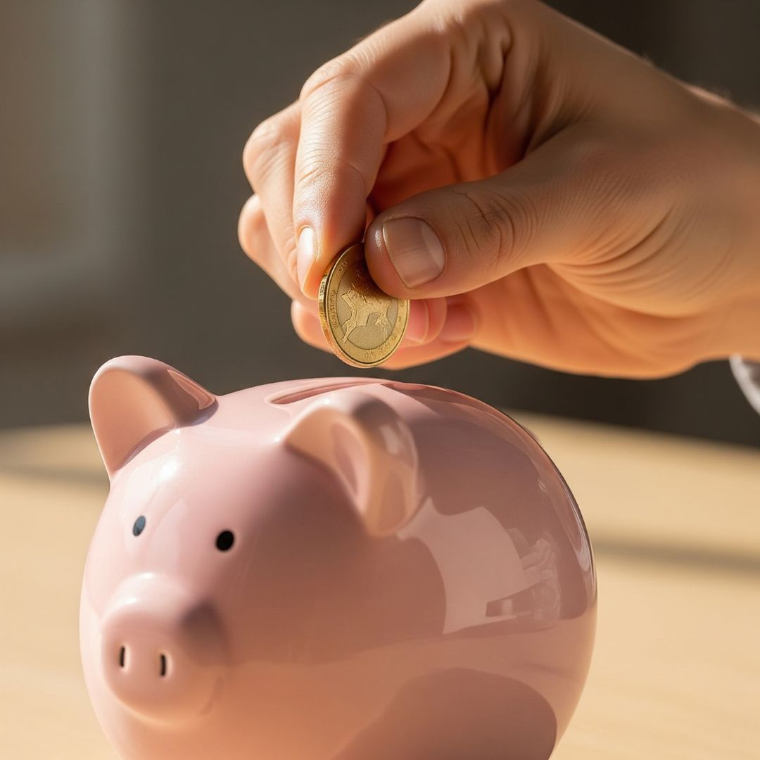 A hand adding a coin to a piggy bank, representing controllable financial actions.