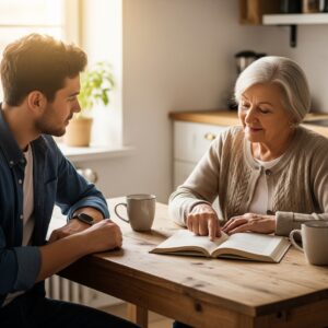 A senior family member shares a moment of wisdom with a young professional.