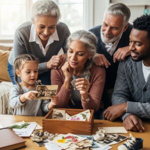 A multi-generational family looks through a keepsake box, representing a diversified collection of assets.