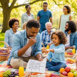 A multi-generational family enjoys a picnic in a park, balancing fun with careful thought.