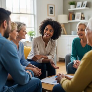 A financial advisor has a friendly, collaborative meeting with a diverse family in their home.