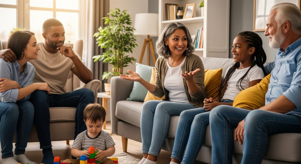 A diverse, multi-generational family shares a happy, candid moment in their living room.