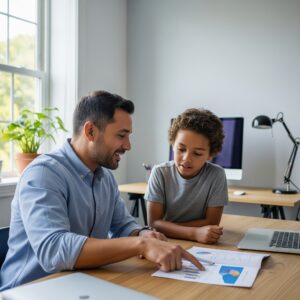 A father and son review financial charts for a 529 plan.