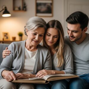 A multi-generational family looks through a photo album, symbolizing diverse life plans.