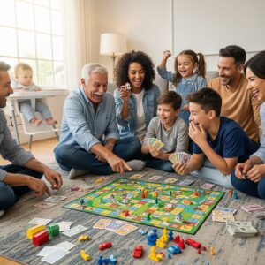 A multi-generational family laughs while playing a board game, representing different financial choices.
