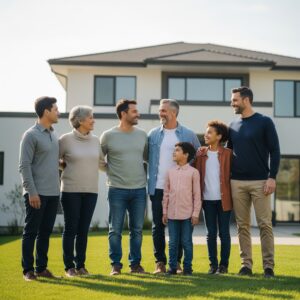 A multi-generational family stands outside a home, looking happy and confident about their future.