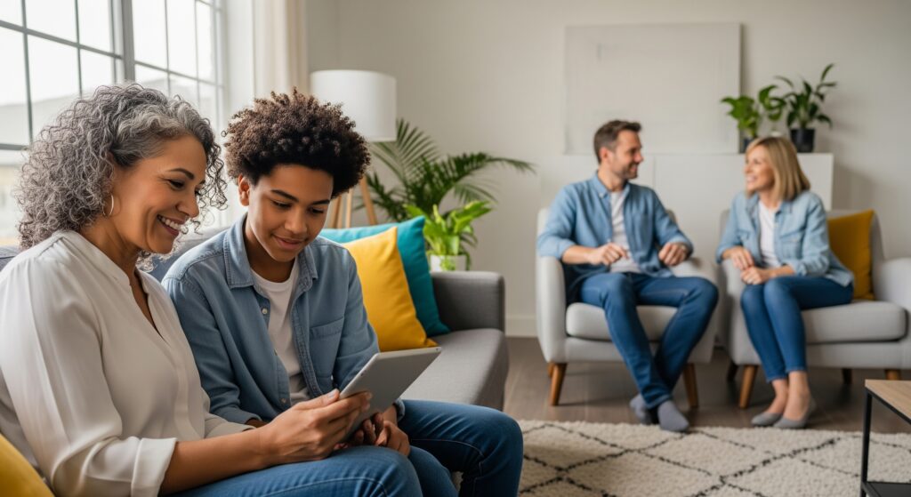 A family happily discusses educational savings options on a tablet.