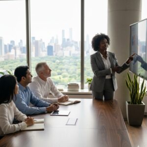 A diverse team of five financial professionals meets around a large conference table with a display screen showing charts.