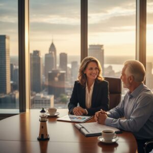 An experienced financial advisor in a professional setting consulting with a mature couple.