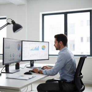 A male financial analyst intently works on a computer with two monitors displaying charts and data in a clean office.