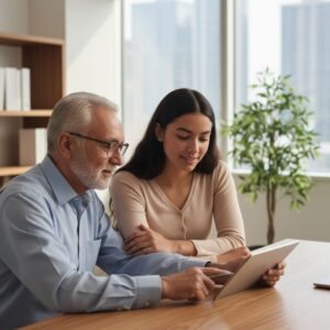 young professionalin meeting with older man wearing glasses reviewing plan on tablet