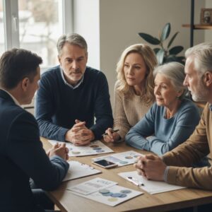 Multi-generational family having a serious financial discussion with an advisor.