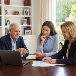 A senior male advisor points to a financial document while consulting with a middle-aged woman and a younger woman to discuss wealth transfer.
