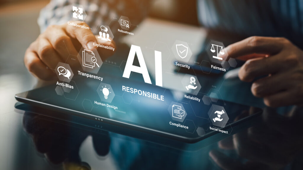 Responsible AI concept with ethical principles transparency and social impact in technology